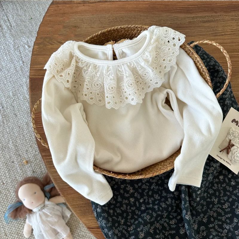 Sweet Little Girl's Base Shirt Autumn New Lace Trim Vertical Stripes Solid Color Top Baby Girl Elastic Long Sleeve