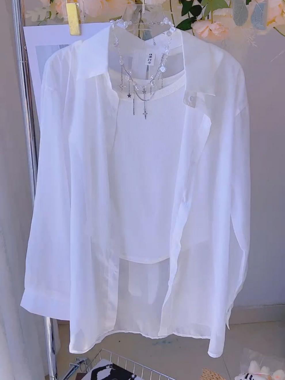 2025Summer Gentle Sweet Back Bow Pearl Sunscreen Blouse for Women Thin Sheer Chiffon Shirt Top