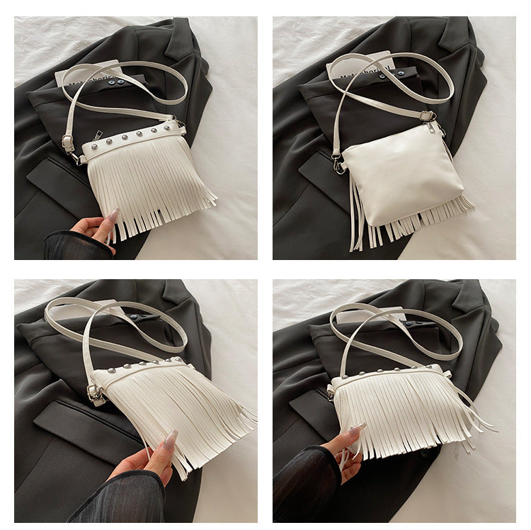 French retro tassel commuter bucket bag for women2025Summer new cross-border style soft shoulder crossbody tassel bag