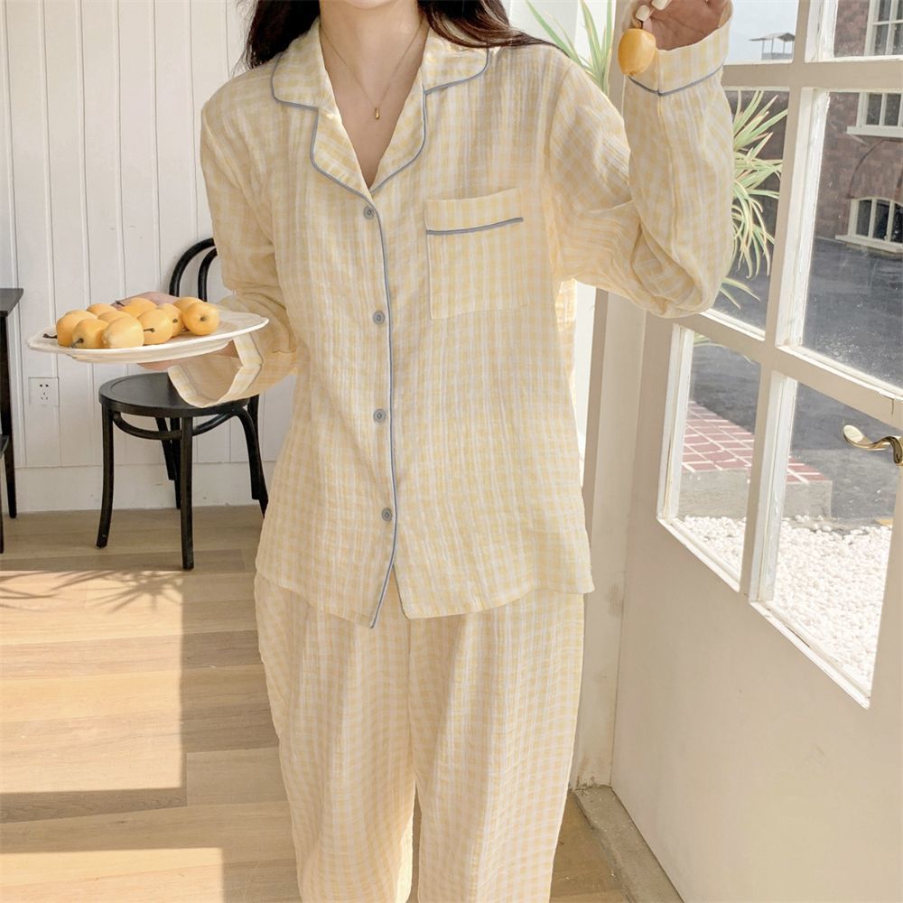 Spring and Autumn Japanese Style ins Color-Block Plaid Couple Pajamas for Women, Simple Outerwear, Cute Long-Sleeve Homewear, Men's Set