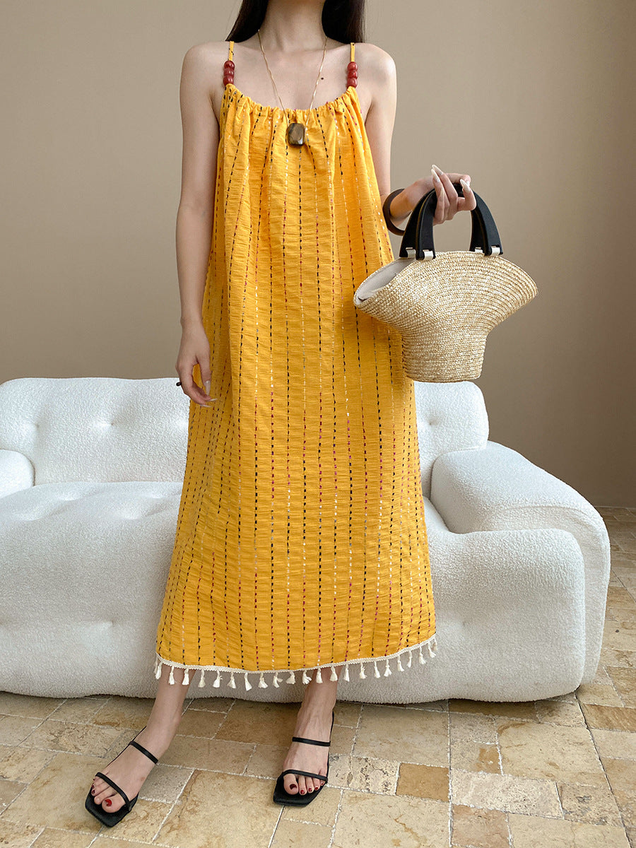 Sinan At dusk and sunset Full Grid Line Beach Vacation Tassel Beaded Strap Dress SN7536