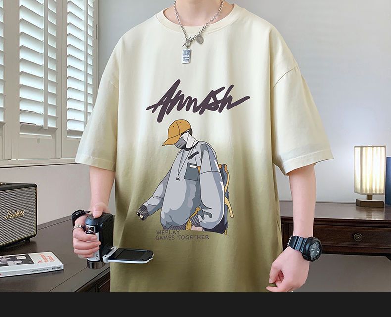 2025Summer New Men's Youth Casual Stylish Trendy Loose Short Sleeve T Shirt Gradient Color for Middle and High School Students