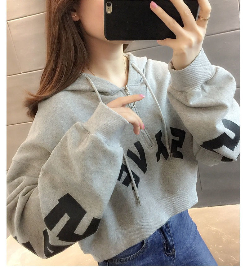 Half Zipper Hooded Short Petites Sweatshirt Women2025New Early Autumn Thin High-Waisted Stylish Streetwear Jacket Trend