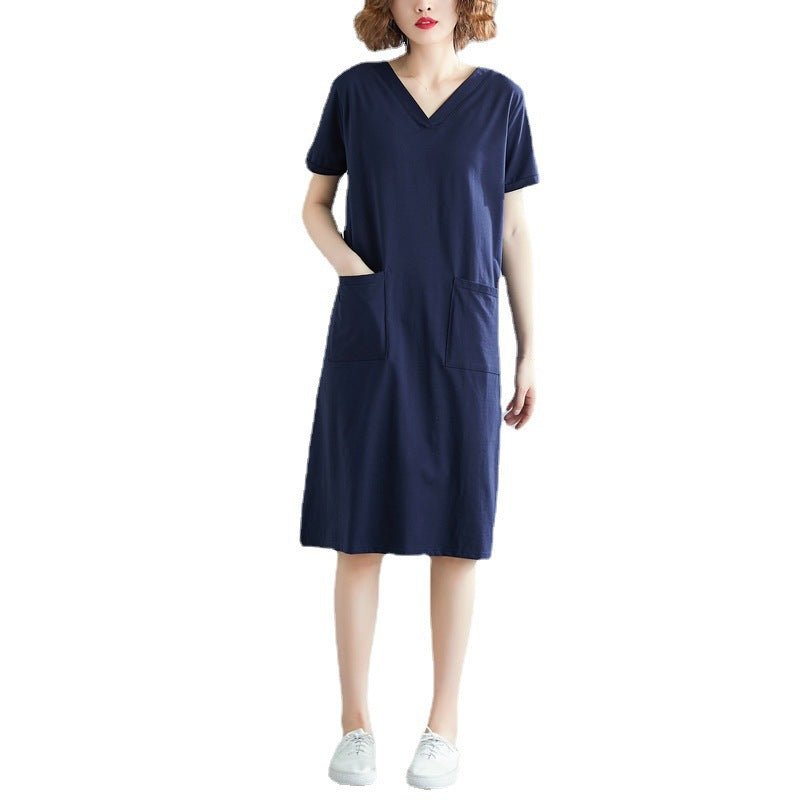 Plus Size Women's Summer Loose Korean Style Mid-Length Dress T Shirt and Skirt for Plus Size mm Solid Color V Collared Slimming Short Sleeve Dress