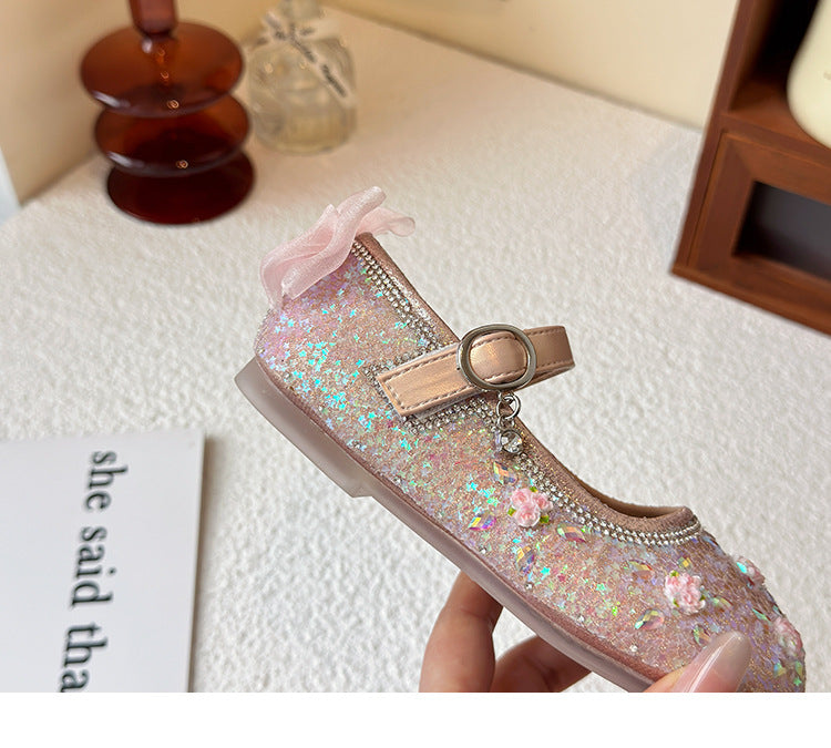 Princess shoes for girls2025Spring New Children's Crystal Shoes for Girls, Soft Sole Leather Shoes to Match Dresses, Spring Edition