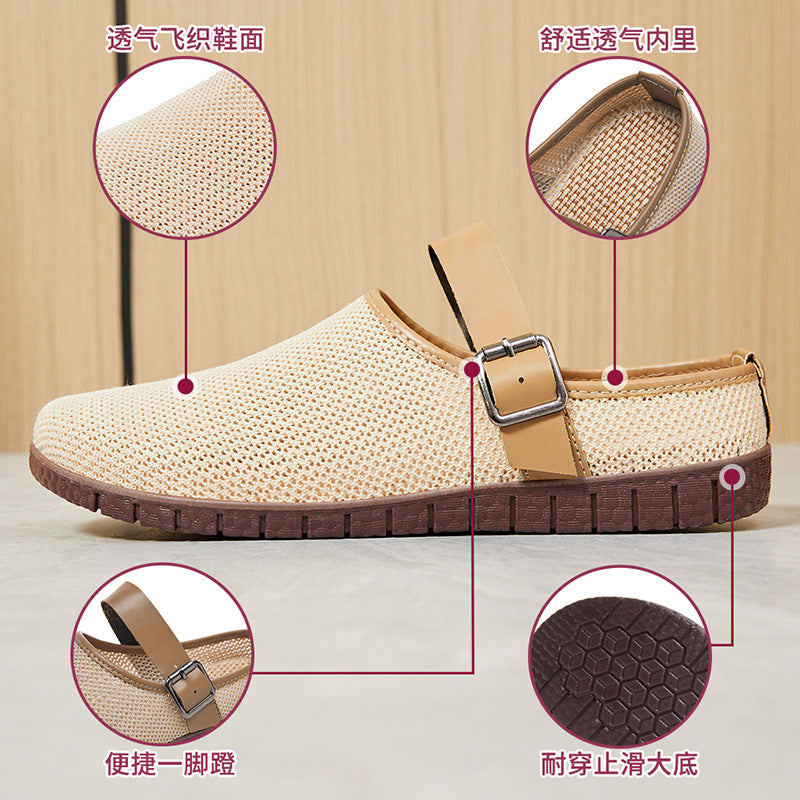 Shoes Women's Casual New Style Versatile Soft Sole Sandals insF French Style Women's Outdoor Slippers Flyknit Mesh Closed Toe Half Slipper