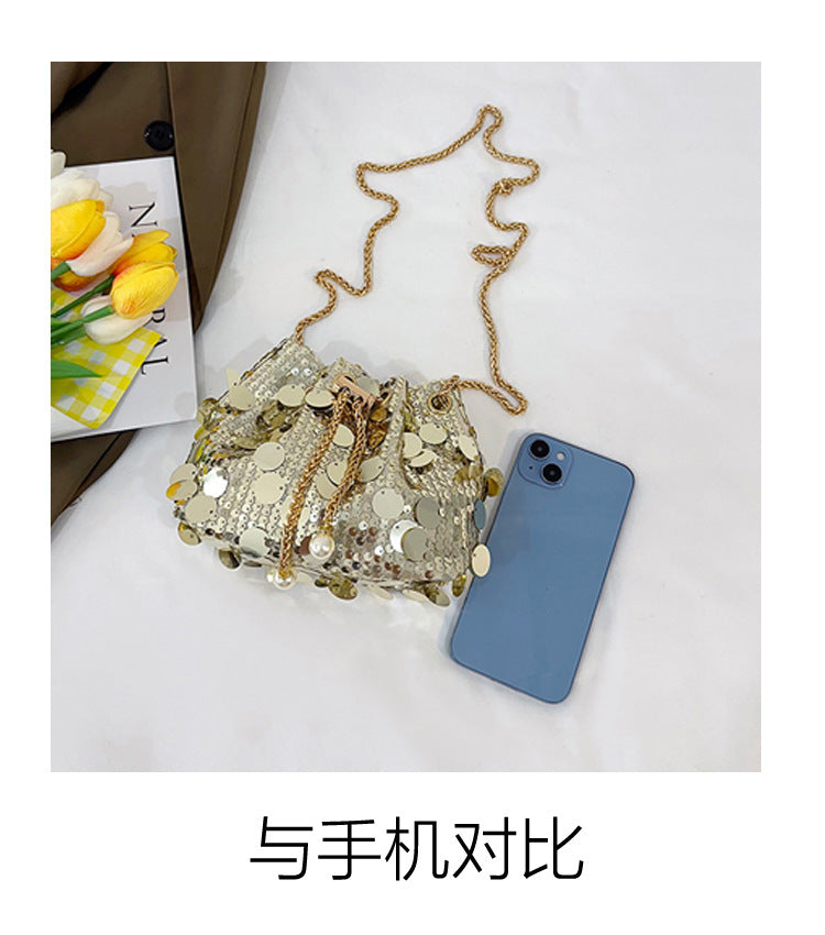 Trendy and High-End Sequin Bucket Bag2025Summer New Fashion Versatile Stylish French Chain Single Shoulder Crossbody