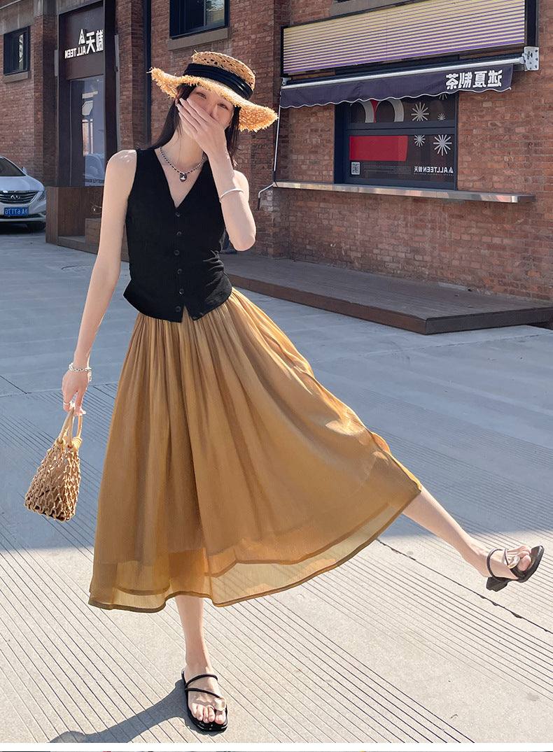 High-end Flowing Sheer Skirt for Women in Summer2025New Style Glassy Sheer Large Hem Mid-Length Draped a Women's pleated skirt