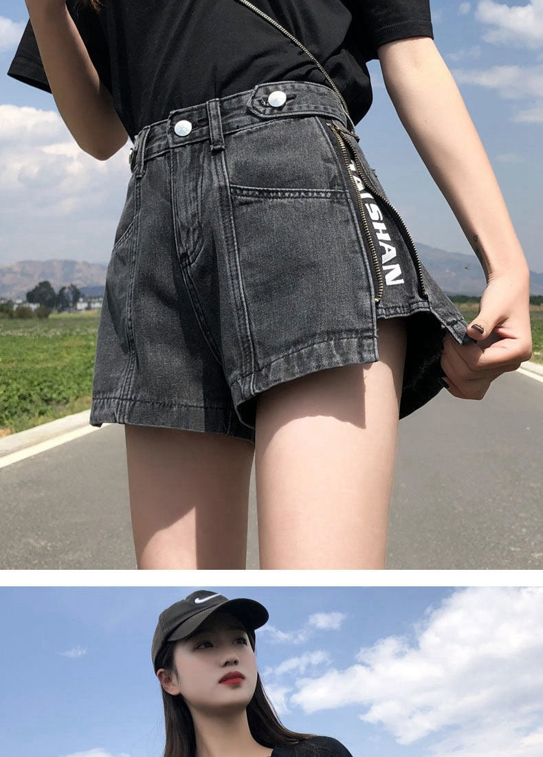 Side Zipper High Waist Denim Shorts Women Summer Loose Fit2025New Year's Slimming Letter Print Wide-Leg Hot Pants Trend