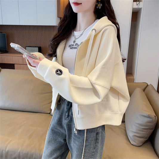 Spring and Autumn Short Hooded Sweatshirt Jacket for Petite Women, New Thin Loose Stylish Zipper Cardigan for Autumn and Winter