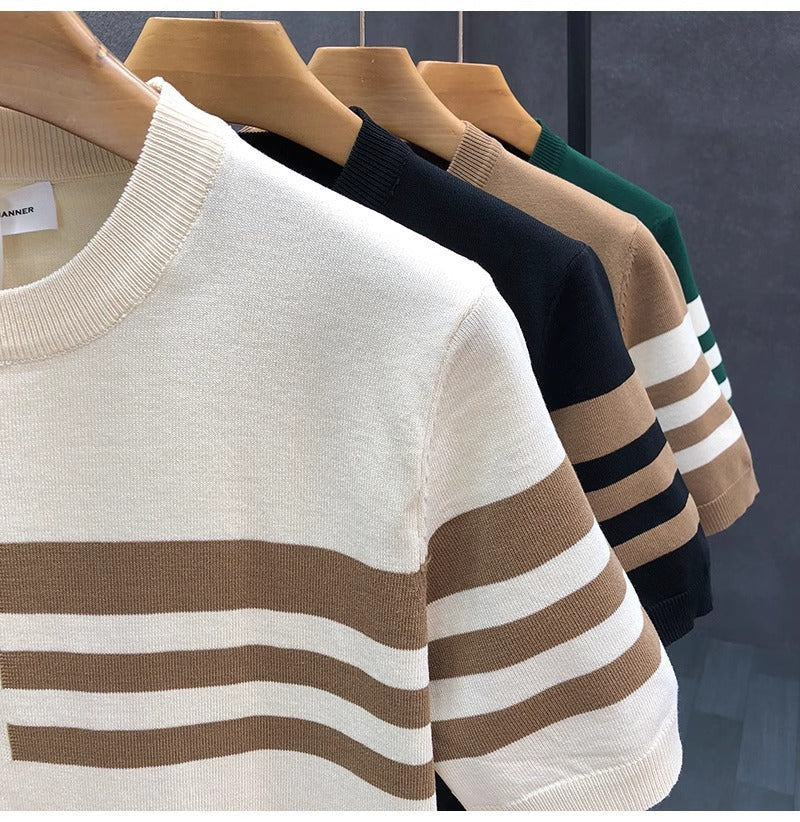 2025New Short Sleeve Knitted Shirt for Men, Striped, Simple, High-End Business, Mature, Slim Fit, Ice Silk T Men's Shirt
