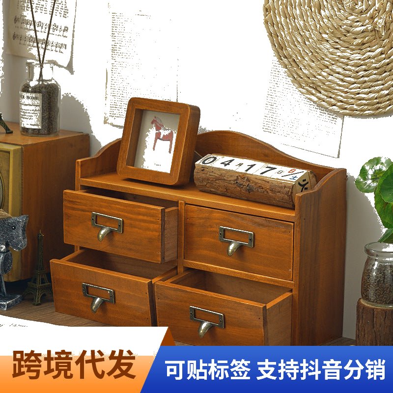 复古风木质护肤品整理盒梳妆台化妆品桌面抽屉式收纳盒粉饼收纳