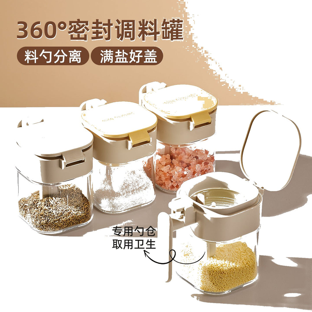 勺仓分离调料罐密封防潮调料盒厨房家用盐罐收纳盒玻璃调味瓶罐子