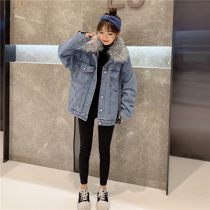 Cross-Border2022Winter New Korean Style Loose Thickened Fleece Rabbit Fur Inner Large Fur Collar Denim Jacket Women's Cotton Coat