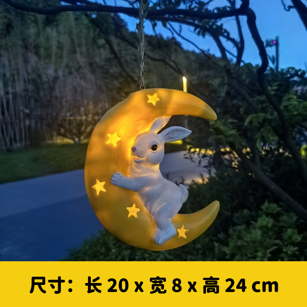 Cute Rabbit Moon Solar Pendant Outdoor Garden Courtyard Tree Hanging Balcony Pipe Kindergarten Decoration Ornament