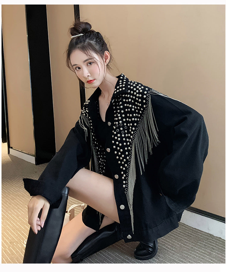 European and American New Style Tassel Heavy Embellished Rhinestone Rivet Long Sleeve Korean Version Loose Slimming Fashion Beaded Denim Jacket for Women