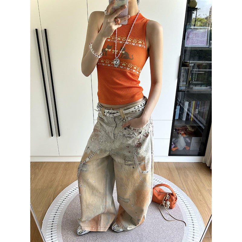 Colorful Inkjet Heavy Pattern Printed Jeans for Women, Unique Design, Loose Straight Wide-Leg Floor-Length Pants