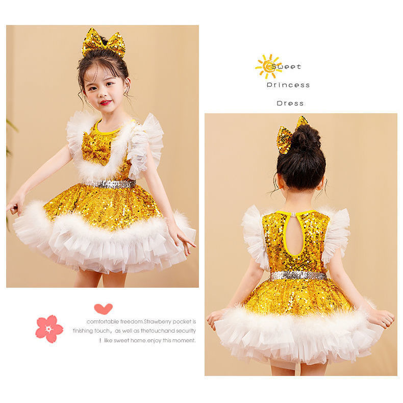 Children's Performance Costume Puffy Skirt for Girls New Sequin Tulle Skirt Kindergarten Dance Princess Dress Performance Costume for Girls