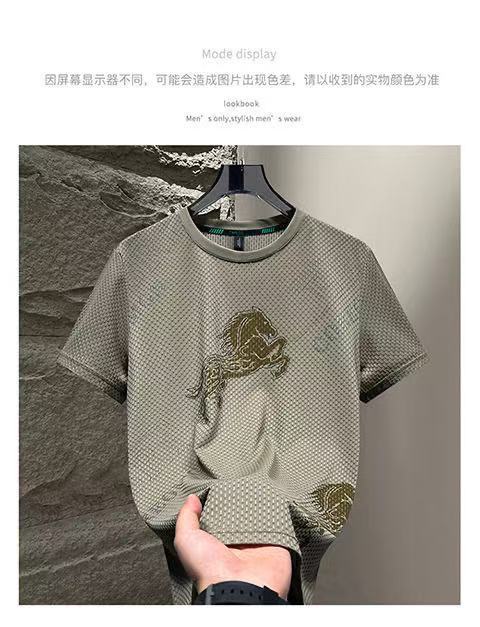 Foreign Trade Ice Silk Short Sleeve t Men's Summer Trendy Brand Short Sleeve T-Shirt2025New casual quick-dry men's top