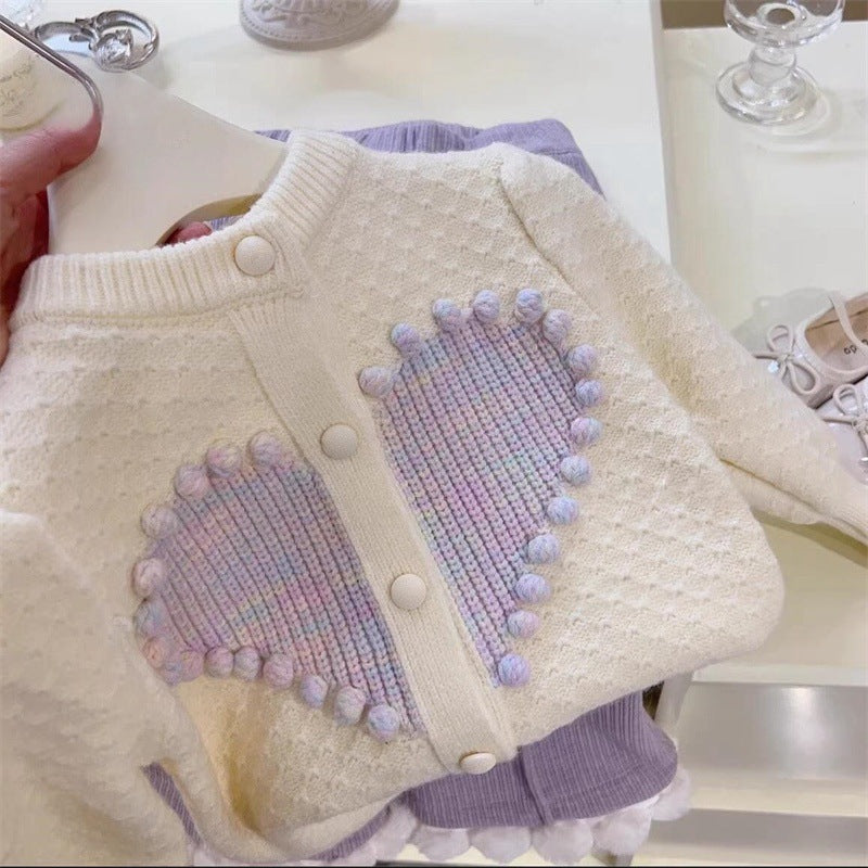 Girls Winter Two-Piece Set New Korean Fashion Baby Cardigan Knitted Autumn Winter Sweater Jacket Fleece-Lined Long Pants