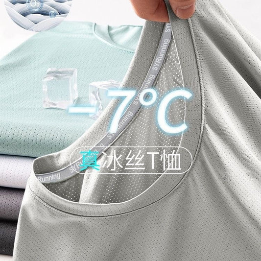 Summer Thin Ice Silk Mesh Quick-Drying Short Sleeves t Men's Korean Style Versatile Casual Outdoor Sports Top Base Shirt