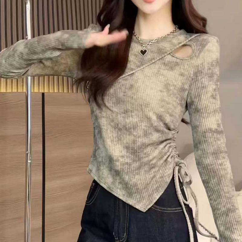 Plus Size Fat mm Autumn Base Shirt Korean Style Round Neck Hollow Design Tie-Dye Waist Drawstring Slimming Long Sleeve Top for Women