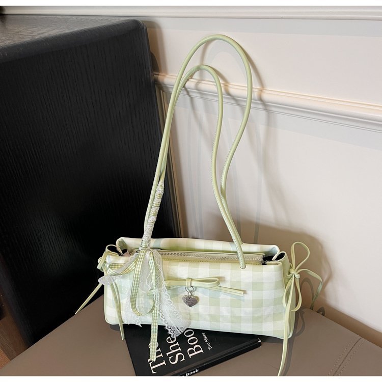 Dopamine Plaid Handbag Small Tote Bag for Women Summer2025New Ballet Style Bow Baguette Bag Underarm Bag Trendy
