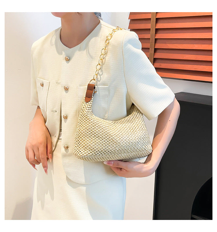 South Korea ins Vintage Woven Tote Bag Straw Bag Large Capacity Underarm Bag Shoulder Bag Vacation Style Beach Bag for Women