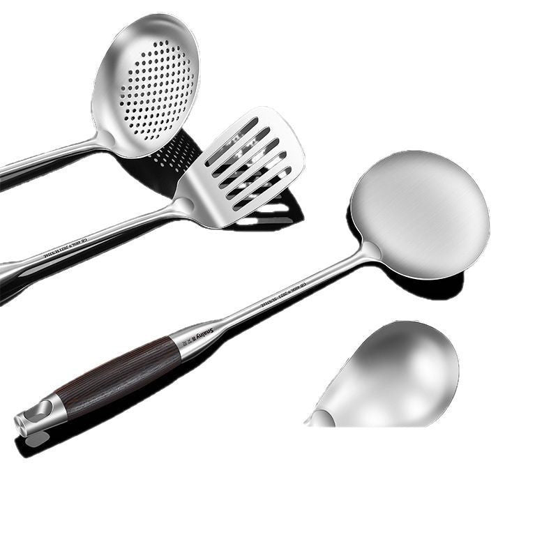 Mushroom Spatula316Stainless Steel Spatula Food Grade Household Cooking Spatula Wooden Handle Thickened Iron Spatula Stirring Spoon