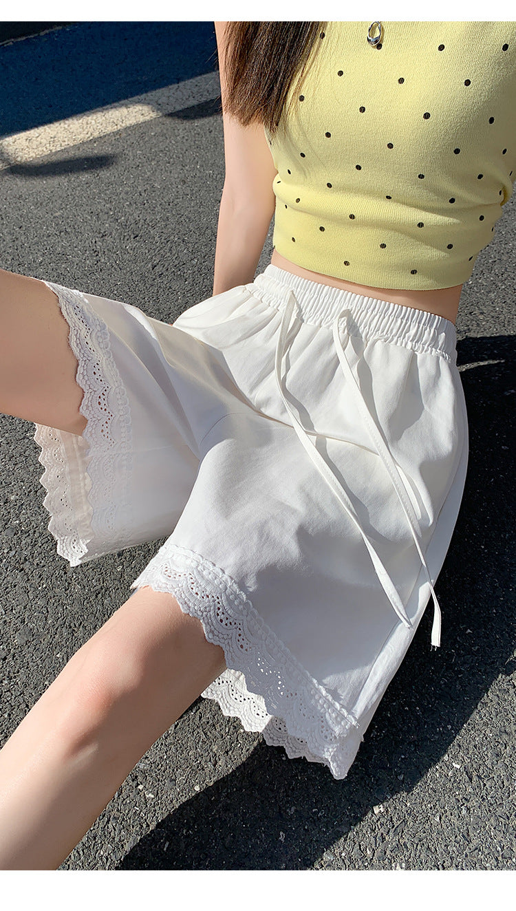 Japanese Style Wide-Leg Jeans for Women2025High Waist Lace Trim Casual Shorts Loose Straight Five-Point Shorts Trendy