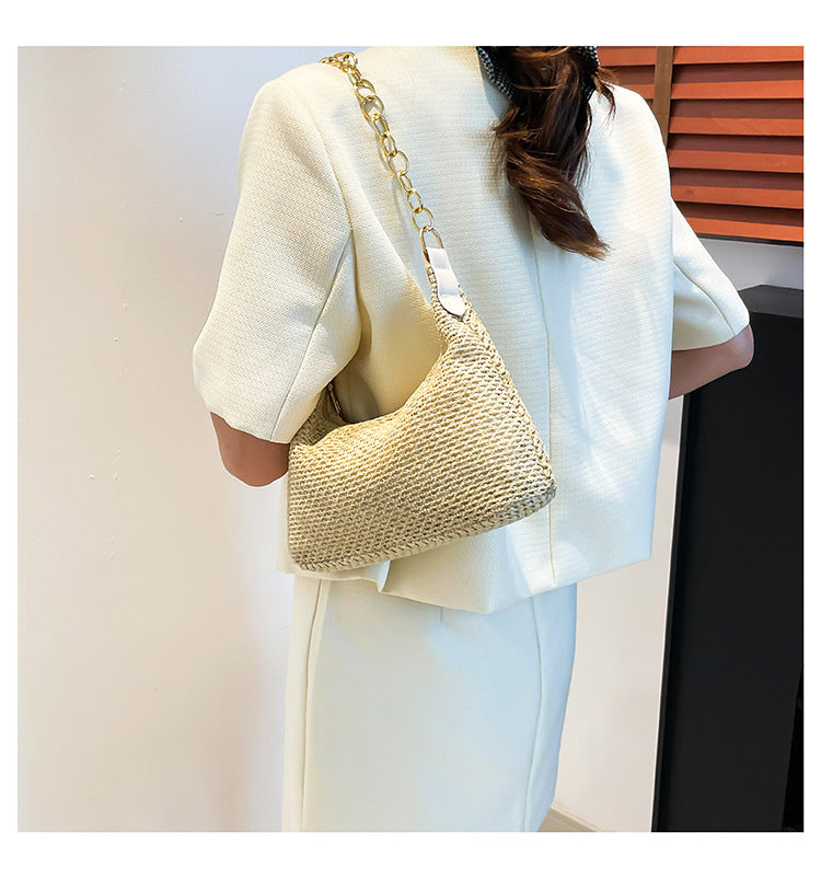 South Korea ins Vintage Woven Tote Bag Straw Bag Large Capacity Underarm Bag Shoulder Bag Vacation Style Beach Bag for Women
