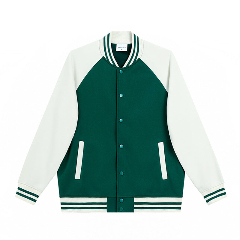 380g Trendy American Style Raglan Baseball Jacket Custom Spring Autumn Unisex Color Block Cardigan Workwear with Printing logo