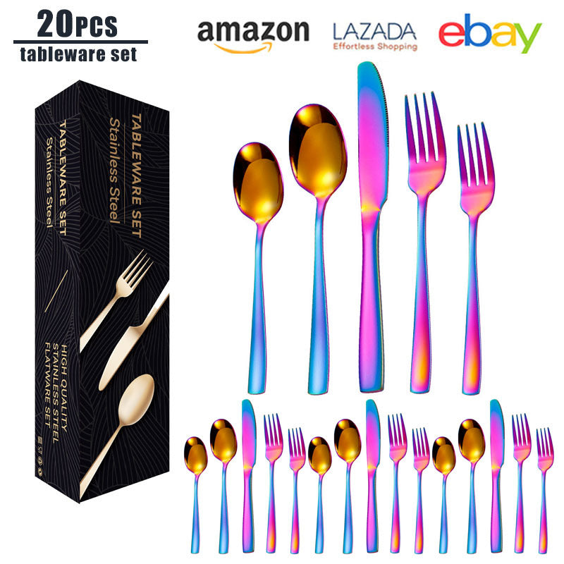 tatableware set Square Handle Stainless Steel Knife Fork Spoon Mail Order Box Color Box Set Titanium Coated Western Steak Knife Fork