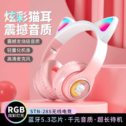 Space Capsule Cat Ear Bluetooth Headphones5.3Head-mounted Cute Glowing Cross-border Hot Item STN28S Ultra-long life battery