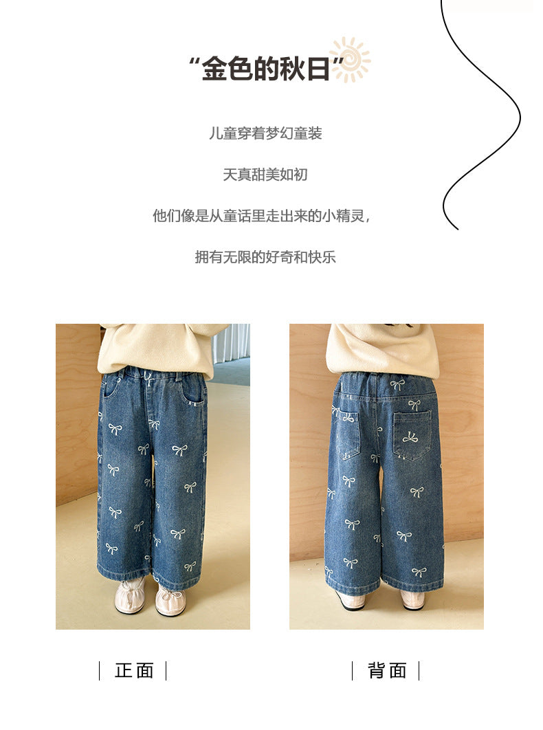 Girls' Pants Bowknot Print Jeans Wide Leg Straight2025Autumn New Fashionable and Stylish for Girls and Young Children