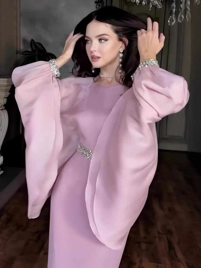 2025New AliExpress Amazon Dubai Spring Summer Solid Color Beaded Crystal Chain Satin Fashion Dress for Women
