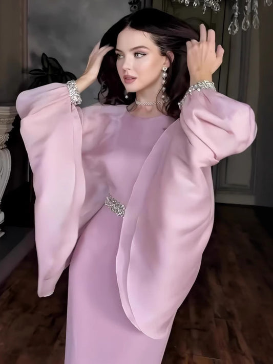 2025New AliExpress Amazon Dubai Spring Summer Solid Color Beaded Crystal Chain Satin Fashion Dress for Women