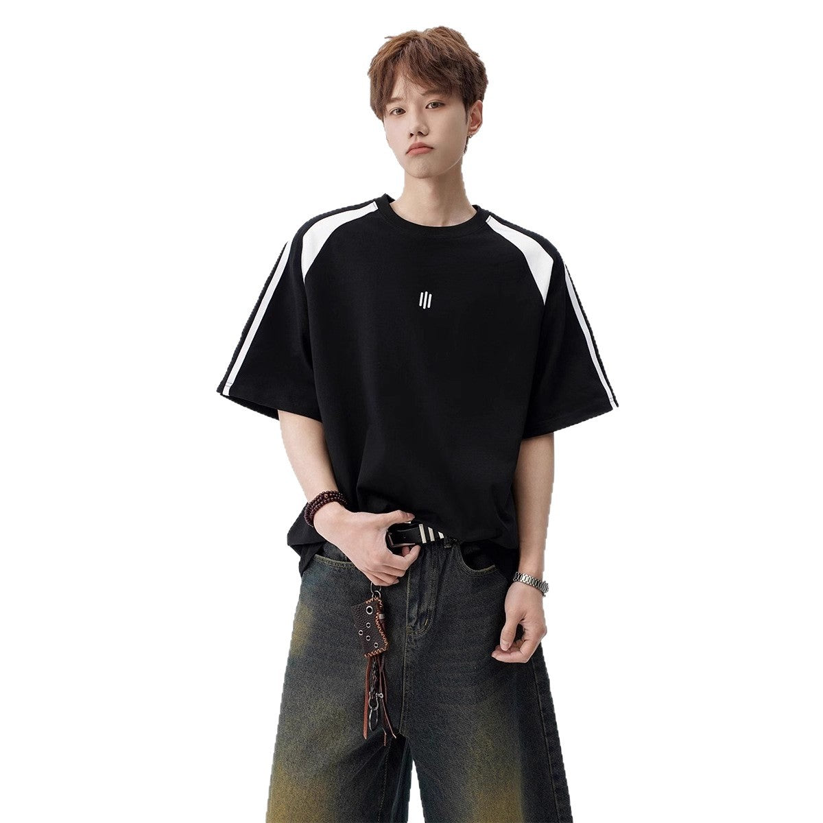 2025New Trendy Ice Silk Short Sleeves t Men's Round Neck Pullover Top Summer American Style Heavy Loose T-Shirt