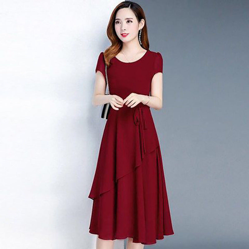 Summer New Fashionable Slimming Age-Reducing Skirt Elegant Mid-Length Style a Round Neck Plus Size Loose Women's Dress