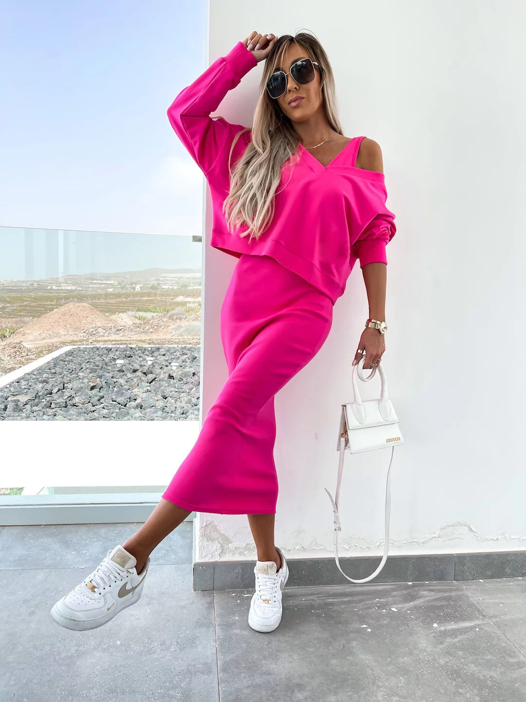 Amazon European and American Cross-Border New Spring Summer Women's Solid Color Clothing V Collar Long Sleeve Sweater Sling Slim Fit Long Dress2Set