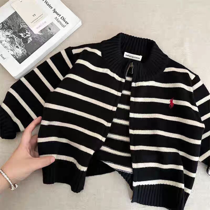 Children's Sweater2025Spring and Autumn Boys' Stand Collar Zipper Knitted Cardigan Baby Toddler Autumn Striped Jacket Children's Clothing