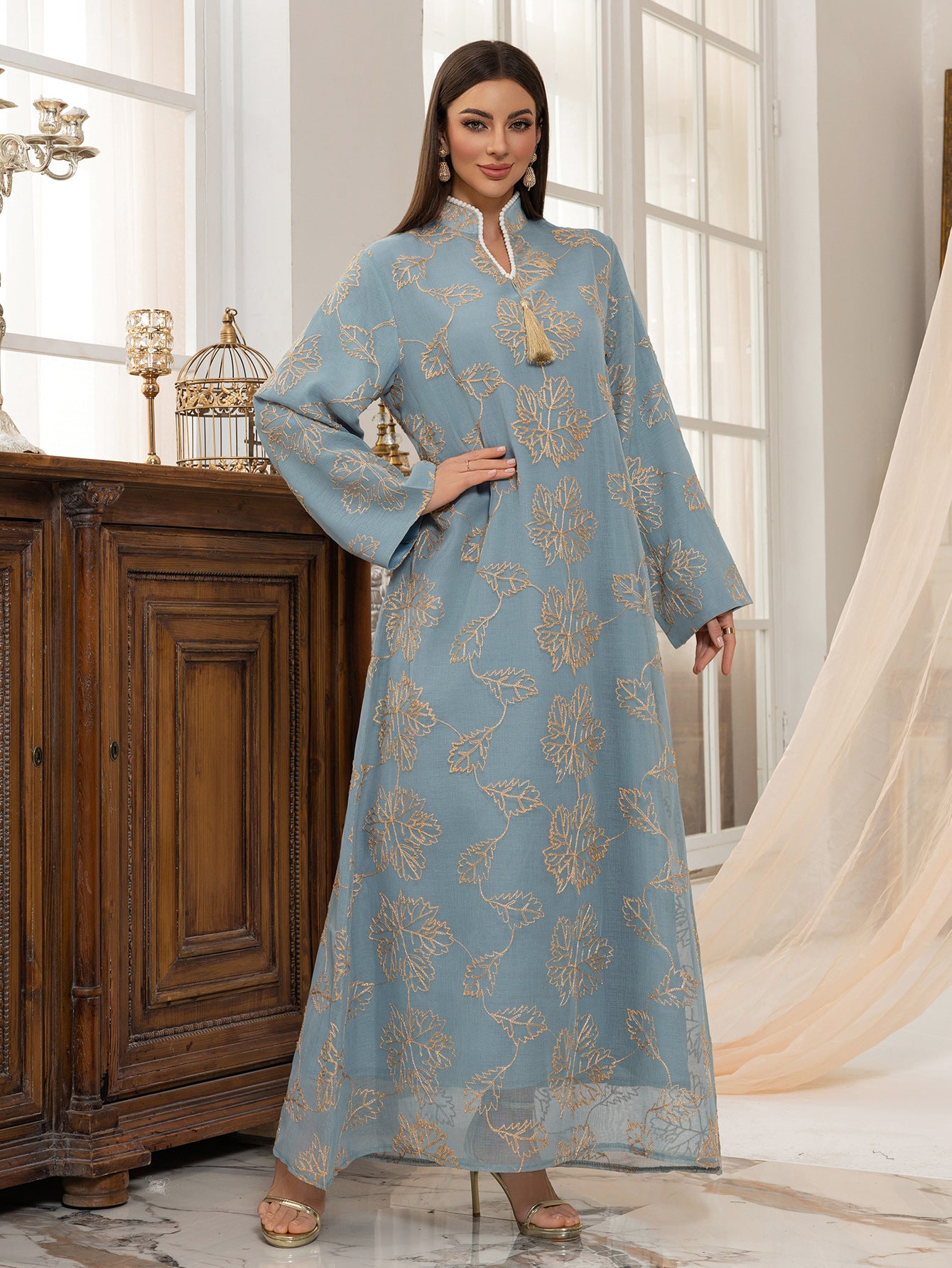 Cross-Border New Leaf Embroidery Tassel Middle Eastern Muslim Clothing Long Dress Fashion Elegant Cover-Up Dress Robe