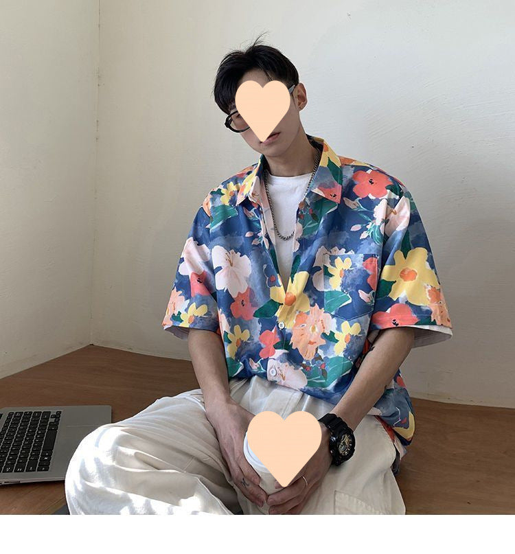 Summer Short Sleeve Floral Shirt for Men and Women Hawaiian Retro Hong Kong Style Loose Ice Silk Shirt Couple Outfit