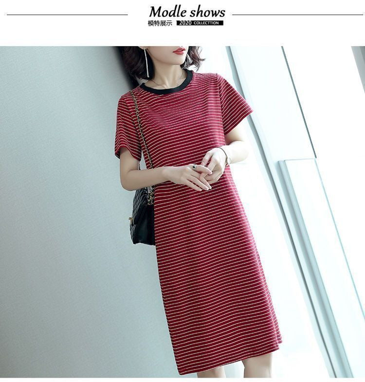 Summer Waist-Cinching Dress Plus Size Middle-Aged and Elderly Mom Outfit Mid-Length Striped Short Sleeve T Women's T-shirt Skirt Cross-Border Wholesale