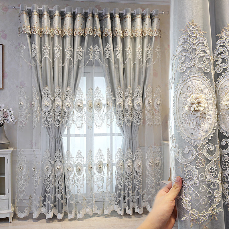 European Style High-End Simple Modern Fabric Sheer Integrated Blackout Double Layer Embossed Embroidered Curtains for Living Room Bedroom Balcony