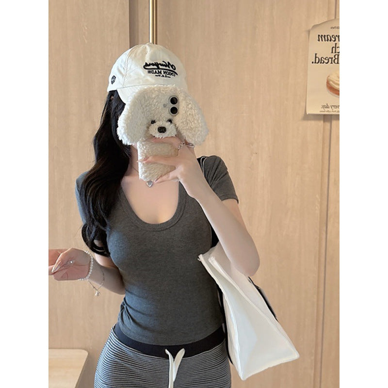 White u Pure Desire Slim Fit Tight Shoulder Short Sleeve t Women's Summer Shirt with Chest Pads Lace Hollow Out Hot Girl Short Top Black