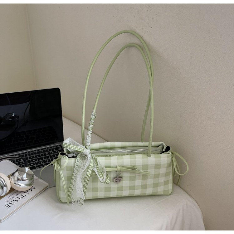 Dopamine Plaid Handbag Small Tote Bag for Women Summer2025New Ballet Style Bow Baguette Bag Underarm Bag Trendy