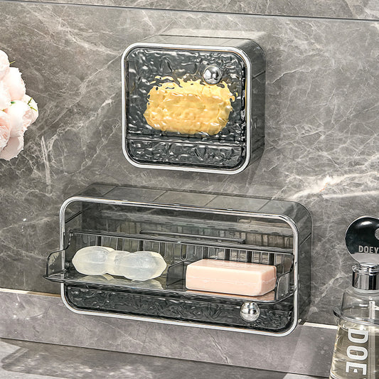 Soap Box No-Drill Wall-Mounted Bathroom Storage Box with Flip Cover Soap Holder Draining Soap Rack Double-Layer Soap Box