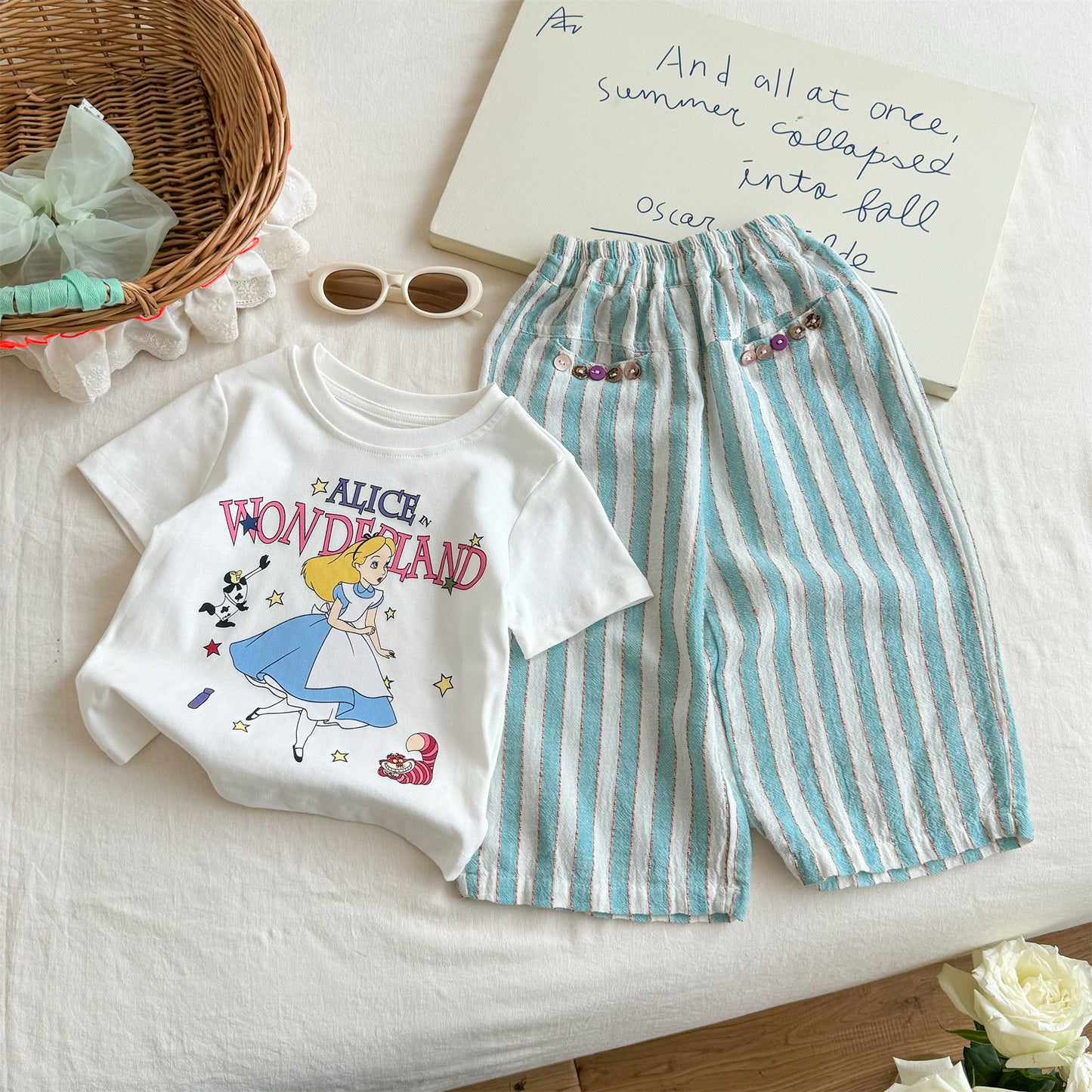 Sweet Little Girl Summer New Cute Lace Cartoon Vest and Jogger Anti-Mosquito Pants Two-Piece Set Trendy
