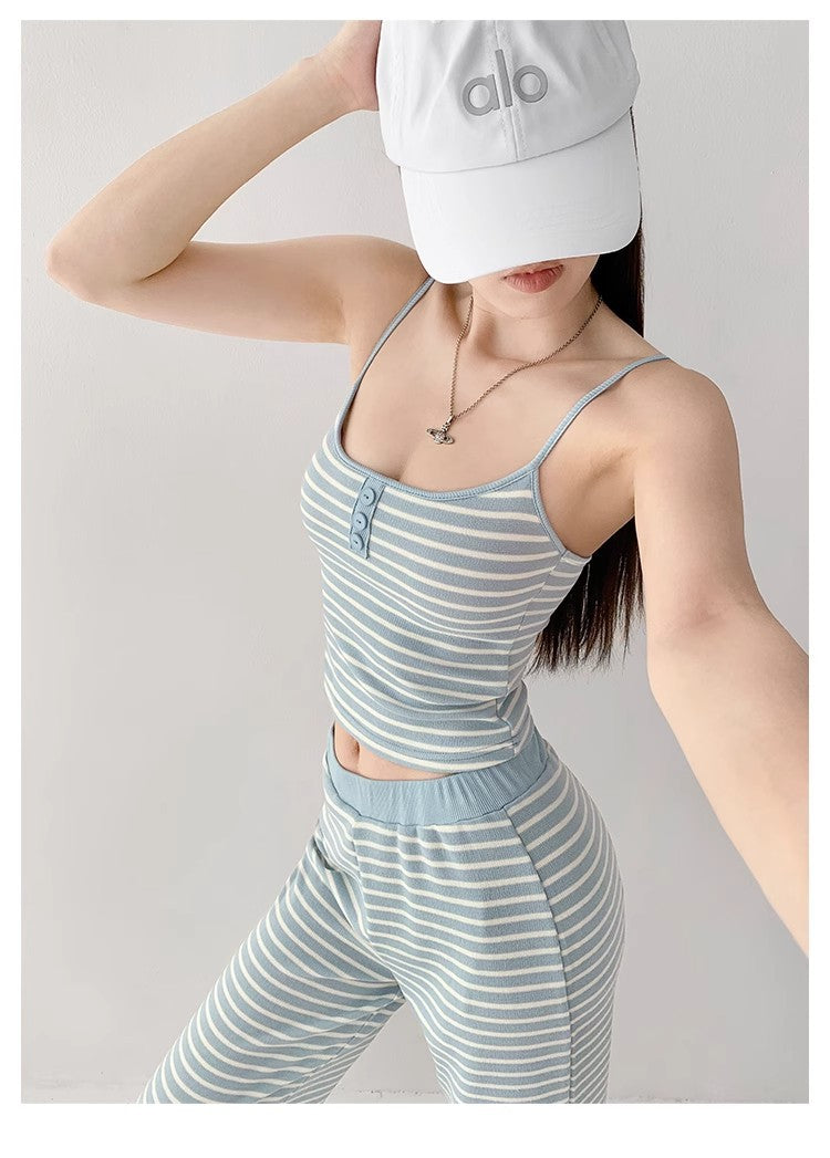Home Lazy Relaxed Striped Slimming Wide-Leg Pants for Women Summer Hot Girl Fashion Camisole Vest Casual Two-Piece Set